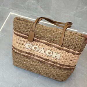 COACH Straw and smooth leather City Tote Bag CBG87 Im/Honey Brown